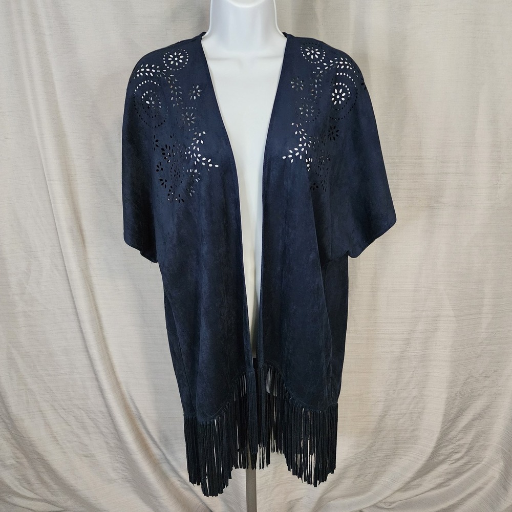 ALYA Size Medium Laser Cut Eyelet Fringe Duster Cape Wrap Boho Festival Hippie